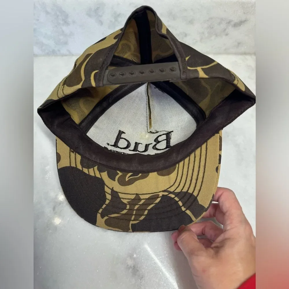 Vintage Bud King Of Beers Hat Cap Mens Snapback Brown Camouflage Made in USA 80s
